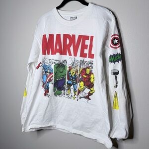 Marvel White Long Sleeve with Red Logo and Superheroes
